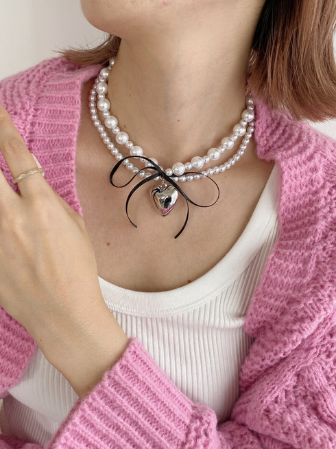 2連パールハートリボンネックレス | SL4233616 | ブラック