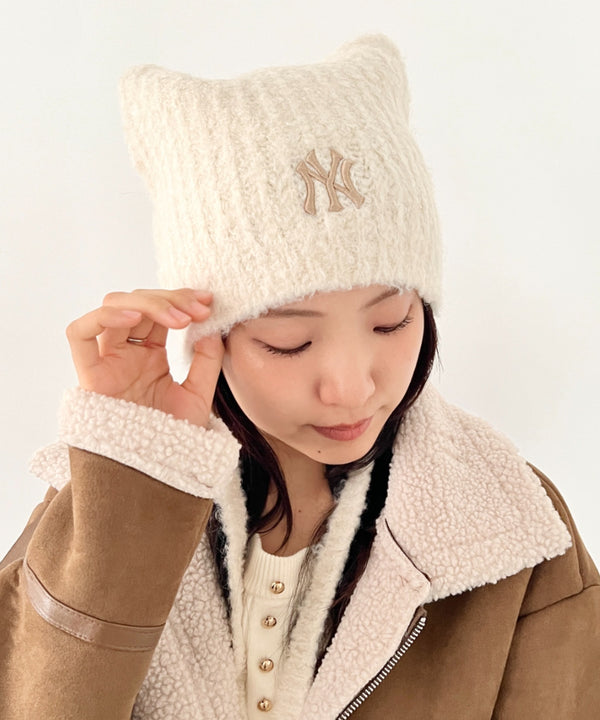 MLB KOREA(エムエルビーコリア)/猫耳 ねこ耳ビーニー 耳付き ロゴパッチ ワッペン ビーニー ニット帽 フラップニットキャップ/Miyaong Earflap Beanie | AT5254071 | クリーム