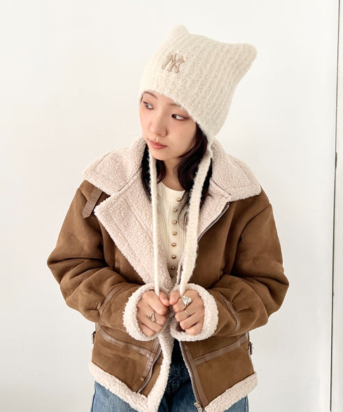 MLB KOREA(エムエルビーコリア)/猫耳 ねこ耳ビーニー 耳付き ロゴパッチ ワッペン ビーニー ニット帽 フラップニットキャップ/Miyaong Earflap Beanie | AT5254071 | クリーム