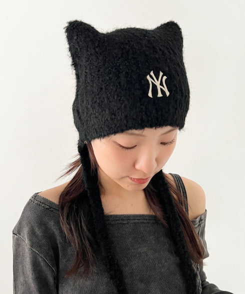 MLB KOREA(エムエルビーコリア)/猫耳 ねこ耳ビーニー 耳付き ロゴパッチ ワッペン ビーニー ニット帽 フラップニットキャップ/Miyaong Earflap Beanie | AT5254071 | ブラック