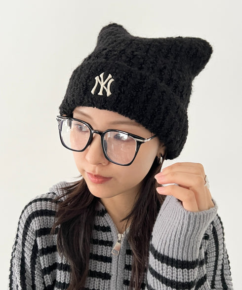 MLB KOREA(エムエルビーコリア)/猫耳 ねこ耳ビーニー 耳付き ロゴパッチ ワッペン ビーニー ニット帽/Plush Miyaong Beanie | AT5254072 | ブラック