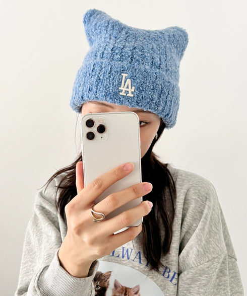 MLB KOREA(エムエルビーコリア)/猫耳 ねこ耳ビーニー 耳付き ロゴパッチ ワッペン ビーニー ニット帽/Plush Miyaong Beanie | AT5254072 | ブルー