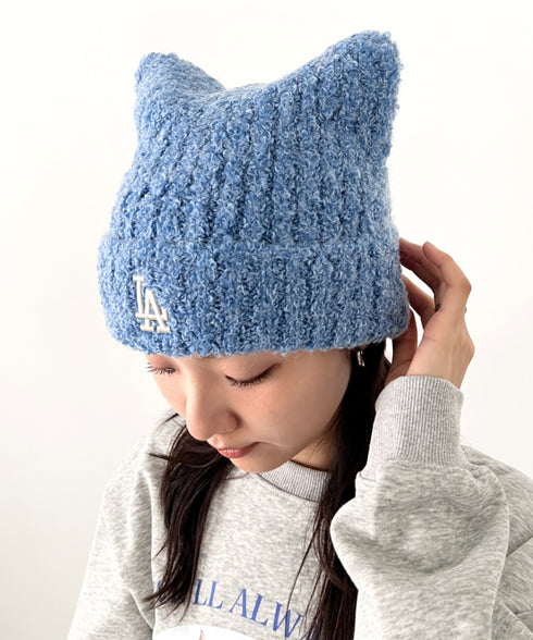 MLB KOREA(エムエルビーコリア)/猫耳 ねこ耳ビーニー 耳付き ロゴパッチ ワッペン ビーニー ニット帽/Plush Miyaong Beanie | AT5254072 | ブルー