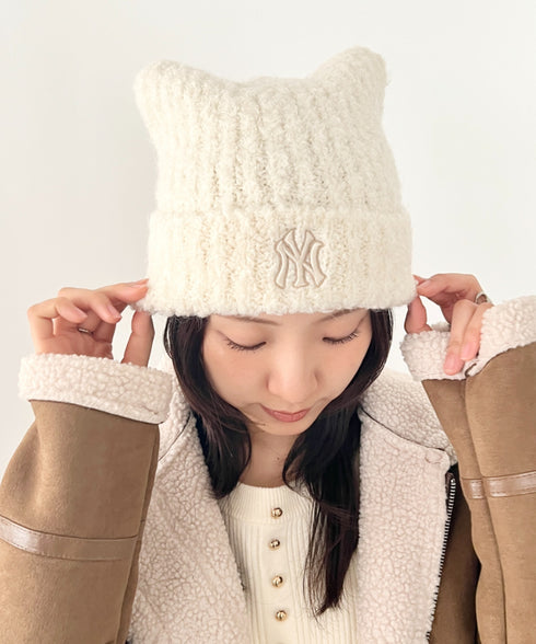 MLB KOREA(エムエルビーコリア)/猫耳 ねこ耳ビーニー 耳付き ロゴパッチ ワッペン ビーニー ニット帽/Plush Miyaong Beanie | AT5254072 | クリーム