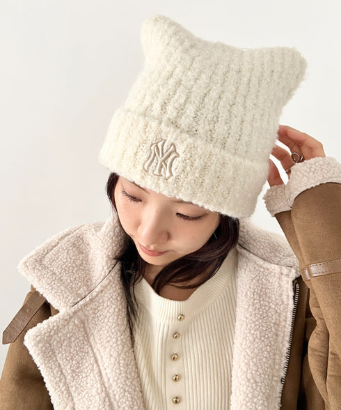 MLB KOREA(エムエルビーコリア)/猫耳 ねこ耳ビーニー 耳付き ロゴパッチ ワッペン ビーニー ニット帽/Plush Miyaong Beanie | AT5254072 | クリーム