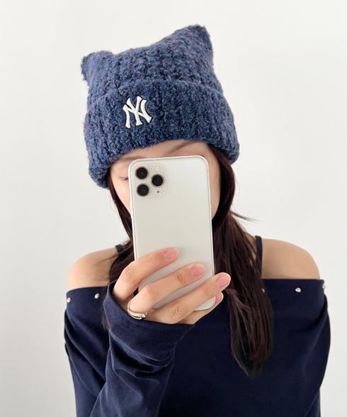 MLB KOREA(エムエルビーコリア)/猫耳 ねこ耳ビーニー 耳付き ロゴパッチ ワッペン ビーニー ニット帽/Plush Miyaong Beanie | AT5254072 | ネイビー