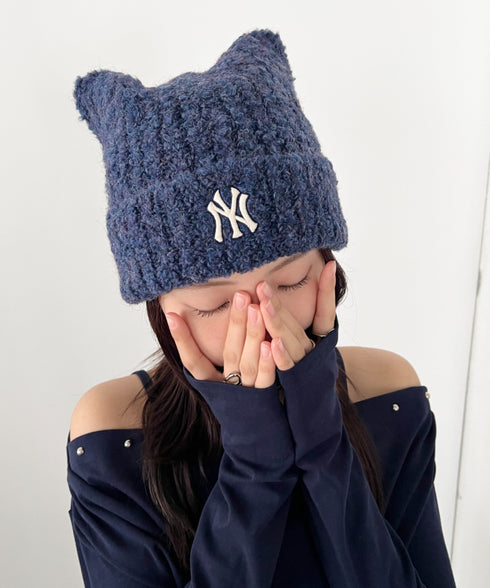 MLB KOREA(エムエルビーコリア)/猫耳 ねこ耳ビーニー 耳付き ロゴパッチ ワッペン ビーニー ニット帽/Plush Miyaong Beanie | AT5254072 | ネイビー