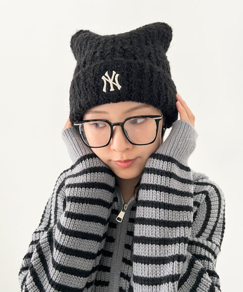 MLB KOREA(エムエルビーコリア)/猫耳 ねこ耳ビーニー 耳付き ロゴパッチ ワッペン ビーニー ニット帽/Plush Miyaong Beanie | AT5254072 | ブラック