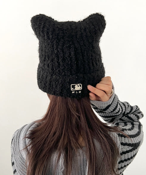MLB KOREA(エムエルビーコリア)/猫耳 ねこ耳ビーニー 耳付き ロゴパッチ ワッペン ビーニー ニット帽/Plush Miyaong Beanie | AT5254072 | ブラック