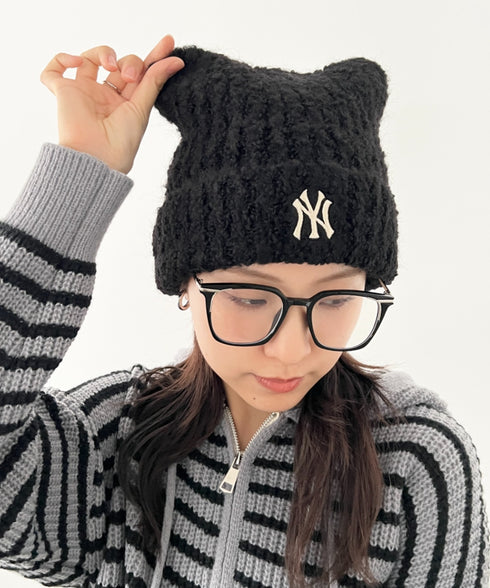 MLB KOREA(エムエルビーコリア)/猫耳 ねこ耳ビーニー 耳付き ロゴパッチ ワッペン ビーニー ニット帽/Plush Miyaong Beanie | AT5254072 | ブラック