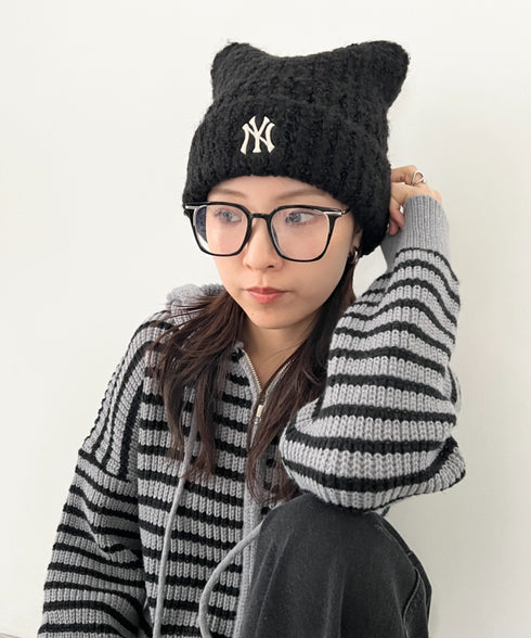 MLB KOREA(エムエルビーコリア)/猫耳 ねこ耳ビーニー 耳付き ロゴパッチ ワッペン ビーニー ニット帽/Plush Miyaong Beanie | AT5254072 | ブラック