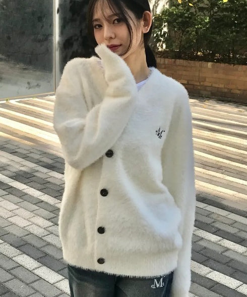 MUCENT(ムセント)/Vネック アンゴラ オーバーサイズ シャギー ニット カーディガン/POWDERY V-NECK ANGORA KNIT CARDIGAN | AT2254081 | アイボリー