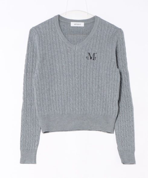 MUCENT(ムセント)/Vネック クロップ ケーブル ニット/PRIMROSE V-NECK CROP KNIT | AT2254085 | グレー
