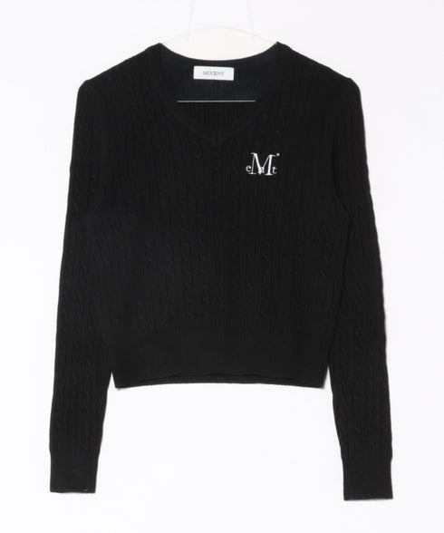 MUCENT(ムセント)/Vネック クロップ ケーブル ニット/PRIMROSE V-NECK CROP KNIT | AT2254085 | ブラック