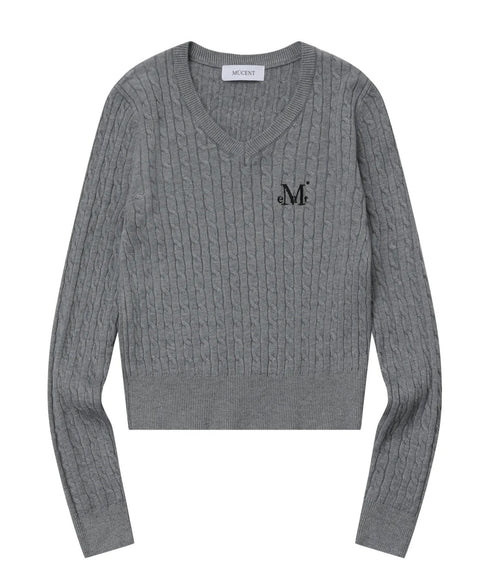 MUCENT(ムセント)/Vネック クロップ ケーブル ニット/PRIMROSE V-NECK CROP KNIT | AT2254085 | グレー