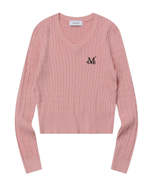 MUCENT(ムセント)/Vネック クロップ ケーブル ニット/PRIMROSE V-NECK CROP KNIT | AT2254085 | ピンク