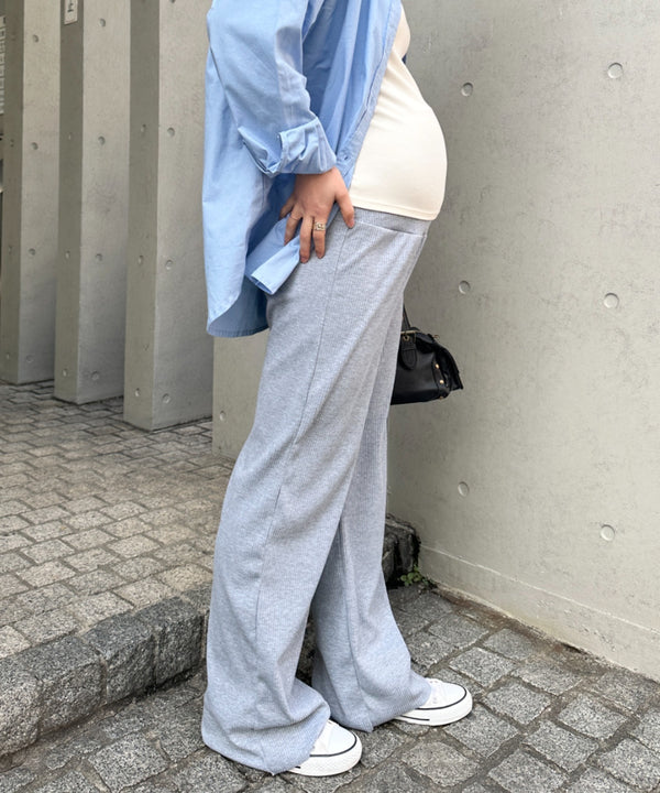 【マタニティ】裾セルフカット可能◎ リブストレートパンツ 楽々パンツ ウエストゴムパンツ | MD2254010 | ライトグレー