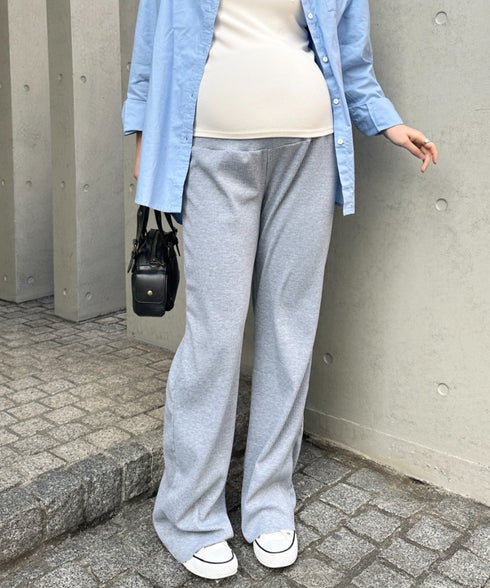 【マタニティ】裾セルフカット可能◎ リブストレートパンツ 楽々パンツ ウエストゴムパンツ | MD2254010 | ライトグレー