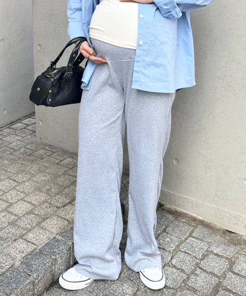 【マタニティ】裾セルフカット可能◎ リブストレートパンツ 楽々パンツ ウエストゴムパンツ | MD2254010 | ライトグレー
