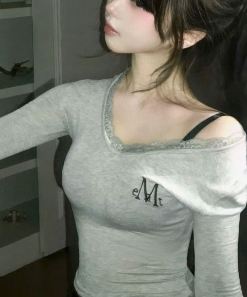 MUCENT(ムセント)/レース Vネック ロングスリーブ Tシャツ/SUNNIOR LACE V-NECK LONG SLEEVE T | AT2261004 | グレー