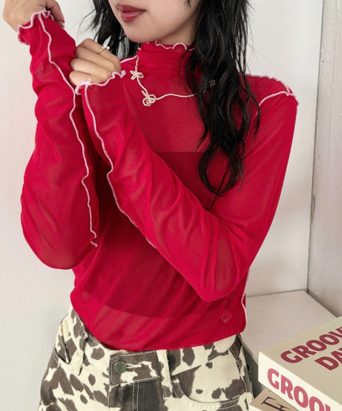 パイピングシアーハイネックトップス | SL2261020 | レッド