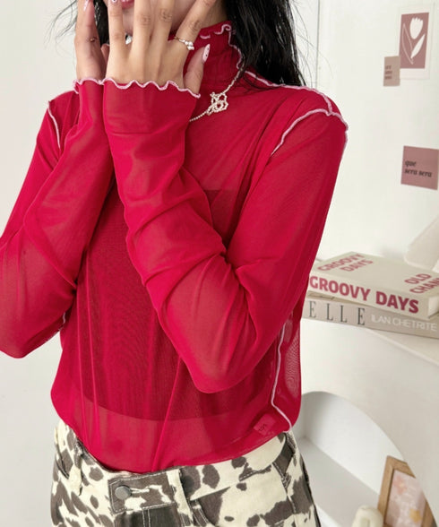 パイピングシアーハイネックトップス | SL2261020 | レッド