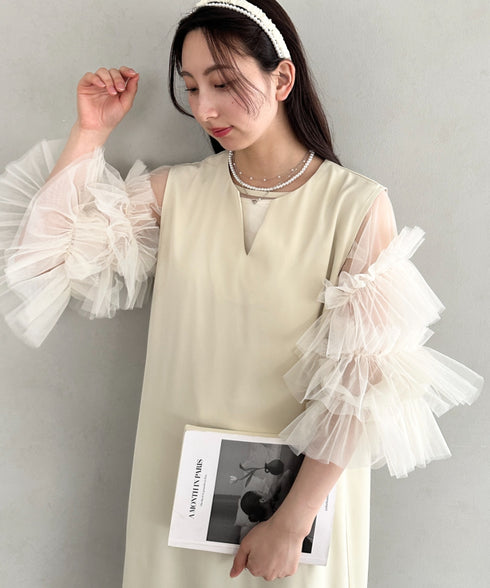袖ボリュームフリルシアーレイヤード V ネックロングワンピース パーティードレス 結婚式 お呼ばれ オケージョンドレス | MD2265026 | アイボリー