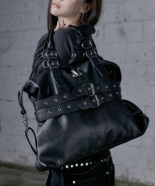 MUCENT(ムセント)/3WAY フロント ダブル ベルト レザー トート クロス ショルダーバッグ/COR FRONT DOUBLE BELTED LEATHER TOTE BAG | AT1261029 | ブラック