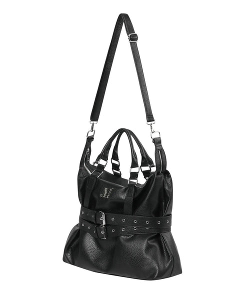 MUCENT(ムセント)/3WAY フロント ダブル ベルト レザー トート クロス ショルダーバッグ/COR FRONT DOUBLE BELTED LEATHER TOTE BAG | AT1261029 | ブラック