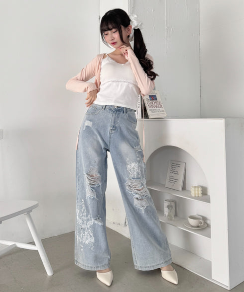 クラッシュレースプリントデニムパンツ | LO2265034 | ライトブルー