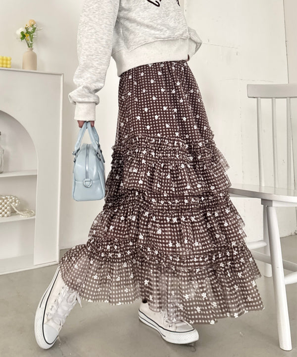 チェックフラワーフリルチュールロングスカート | SL2265046 | ブラウン