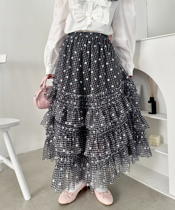 チェックフラワーフリルチュールロングスカート | SL2265046 | ブラック