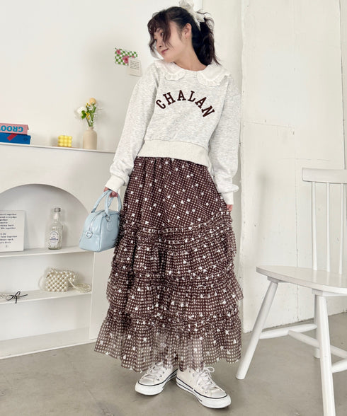 チェックフラワーフリルチュールロングスカート | SL2265046 | ブラウン