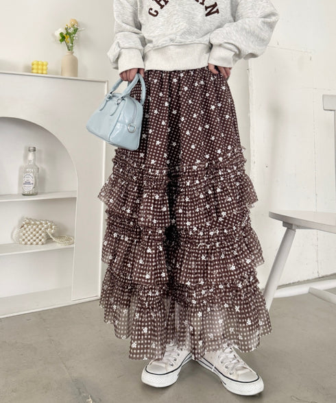 チェックフラワーフリルチュールロングスカート | SL2265046 | ブラウン