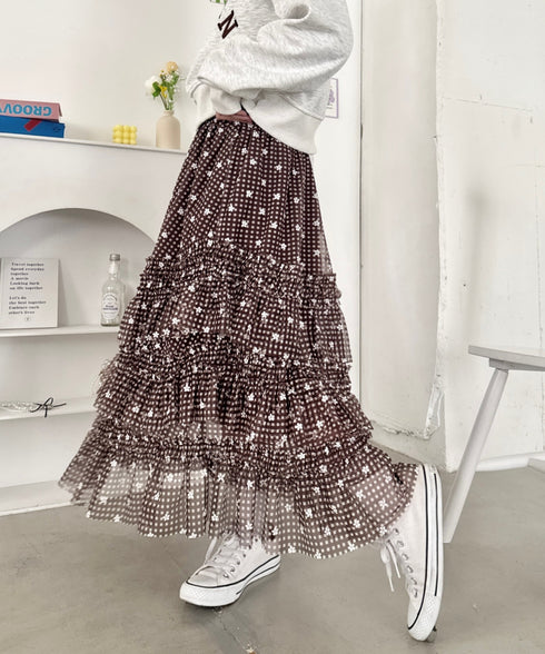 チェックフラワーフリルチュールロングスカート | SL2265046 | ブラウン