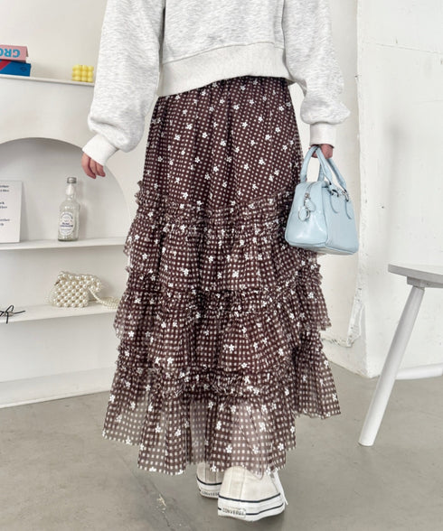 チェックフラワーフリルチュールロングスカート | SL2265046 | ブラウン