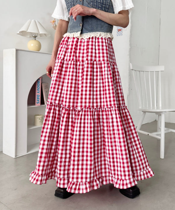 裾フリルギンガムチェックロングスカート | SL2265053 | レッド