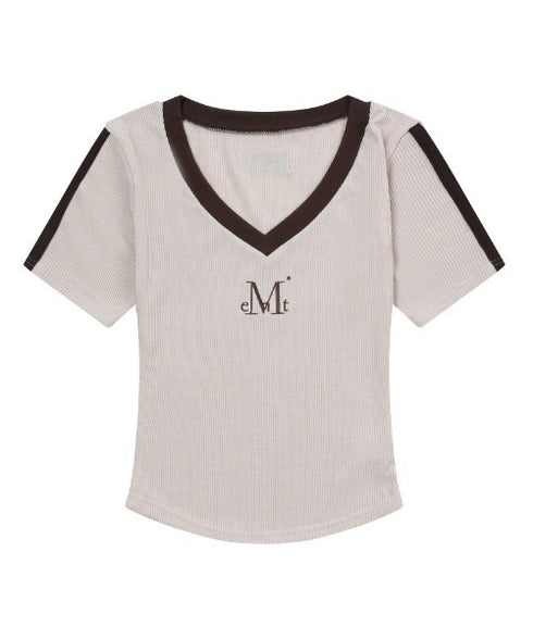 MUCENT(ムセント)/Vネック ライン クロップド ハーフ スリーブ Tシャツ/BINDING TRACK LINE HALF SLEEVE T | AT2261035 | ベージュ
