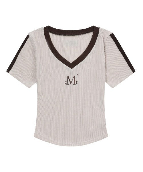 MUCENT(ムセント)/Vネック ライン クロップド ハーフ スリーブ Tシャツ/BINDING TRACK LINE HALF SLEEVE T | AT2261035 | ベージュ