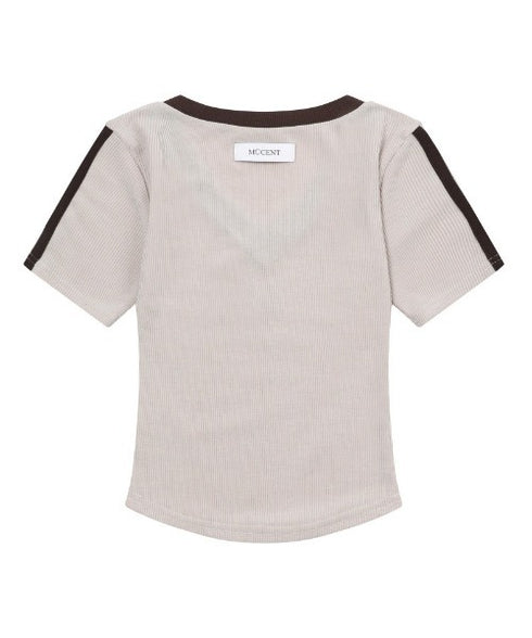 MUCENT(ムセント)/Vネック ライン クロップド ハーフ スリーブ Tシャツ/BINDING TRACK LINE HALF SLEEVE T | AT2261035 | ベージュ