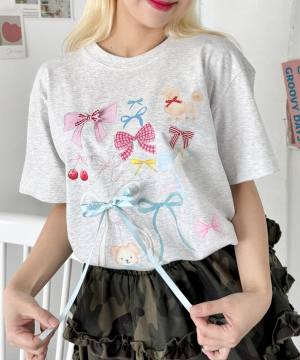 ファンシーリボンプリント半袖Tシャツ | SL2262008 | グレー