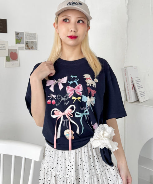 ファンシーリボンプリント半袖Tシャツ | SL2262008 | ネイビー