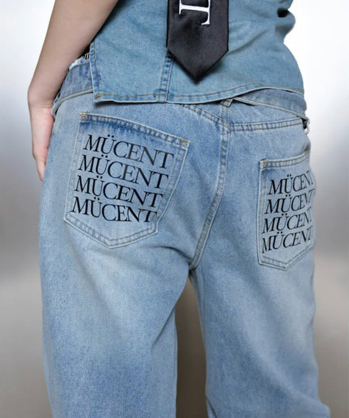 MUCENT(ムセント)/バック レタリング ワイド デニムパンツ/NOVA BACK LETTERING WIDE DENIM PANTS | AT2262017 | ライトブルー