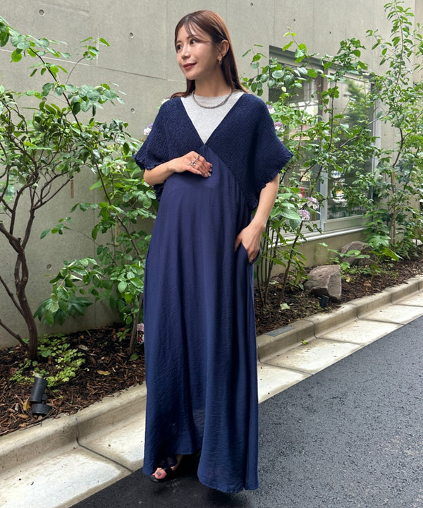 【マタニティ】産前・産後◎Vネックシャーリングロングワンピース Vネックデザインマタニティワンピース Vネックシャーリング楽々ワンピ サイドポケット付き■動画あり | MD2265052 | ネイビー