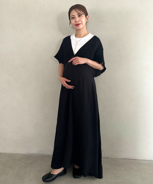【マタニティ】産前・産後◎Vネックシャーリングロングワンピース Vネックデザインマタニティワンピース Vネックシャーリング楽々ワンピ サイドポケット付き■動画あり | MD2265052 | ブラック
