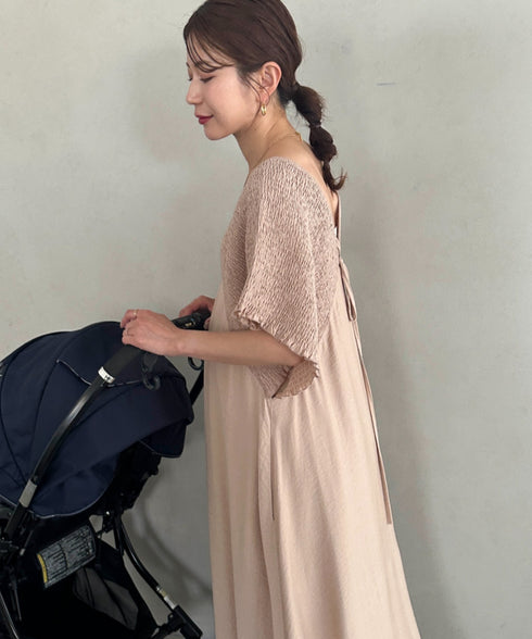 【マタニティ】産前・産後◎Vネックシャーリングロングワンピース Vネックデザインマタニティワンピース Vネックシャーリング楽々ワンピ サイドポケット付き■動画あり | MD2265052 | ベージュ