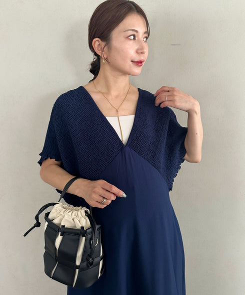 【マタニティ】産前・産後◎Vネックシャーリングロングワンピース Vネックデザインマタニティワンピース Vネックシャーリング楽々ワンピ サイドポケット付き■動画あり | MD2265052 | ネイビー