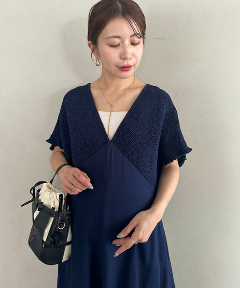 【マタニティ】産前・産後◎Vネックシャーリングロングワンピース Vネックデザインマタニティワンピース Vネックシャーリング楽々ワンピ サイドポケット付き■動画あり | MD2265052 | ネイビー
