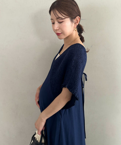 【マタニティ】産前・産後◎Vネックシャーリングロングワンピース Vネックデザインマタニティワンピース Vネックシャーリング楽々ワンピ サイドポケット付き■動画あり | MD2265052 | ネイビー