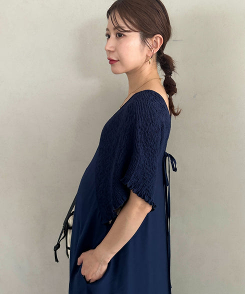 【マタニティ】産前・産後◎Vネックシャーリングロングワンピース Vネックデザインマタニティワンピース Vネックシャーリング楽々ワンピ サイドポケット付き■動画あり | MD2265052 | ネイビー